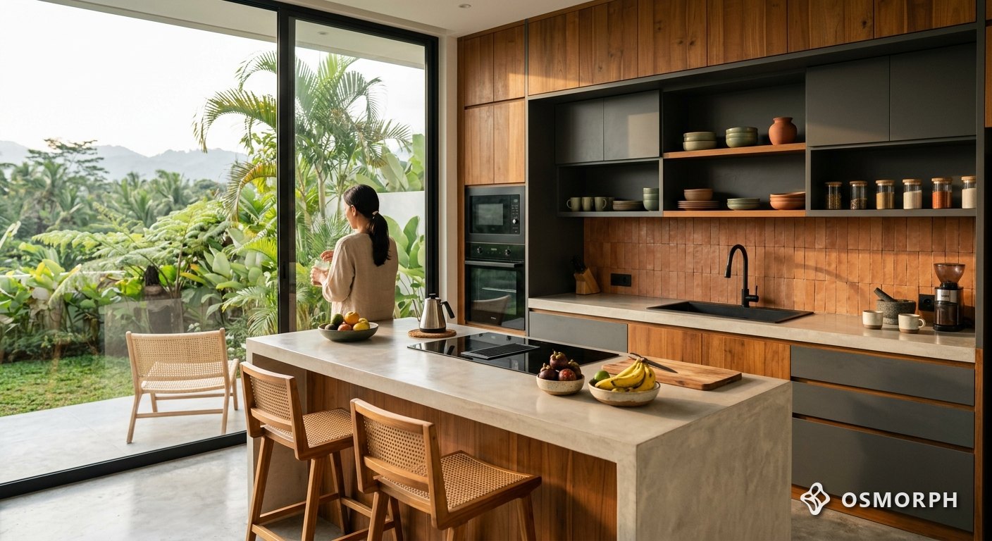 Custom paling kuat saat dirancang menyatu dengan ruang — seperti kitchen set built-in.
