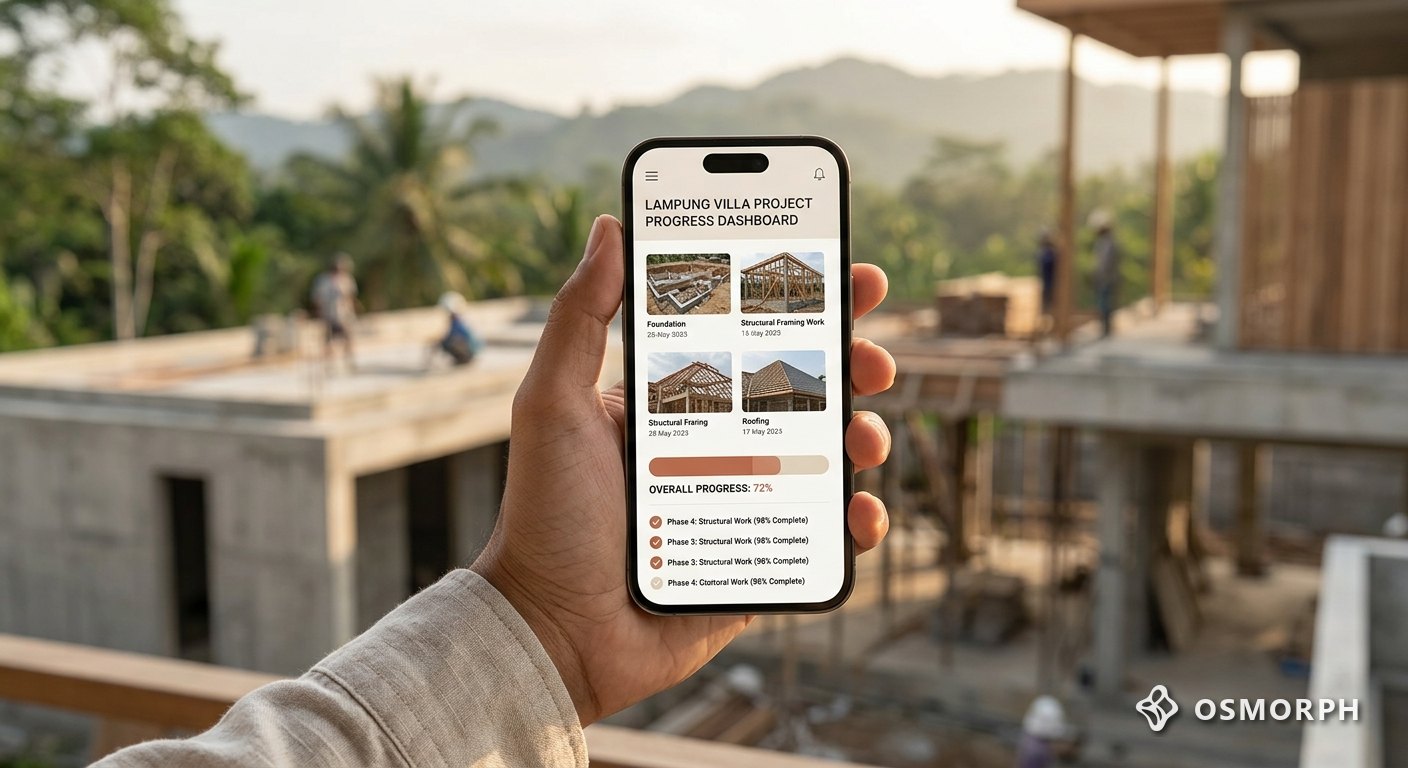 Pantau progres, foto lapangan, dan tagihan proyek real-time dari HP.